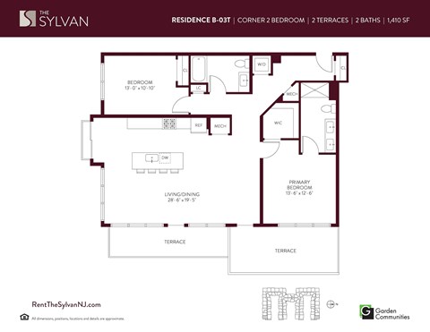 Floor plan for 2 beds, 2 baths, 1410 sqft